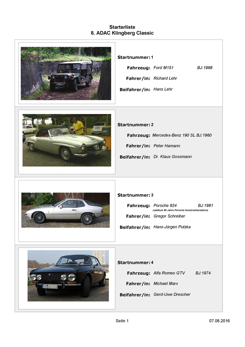 Starterliste 8. ADAC Klingberg Classic