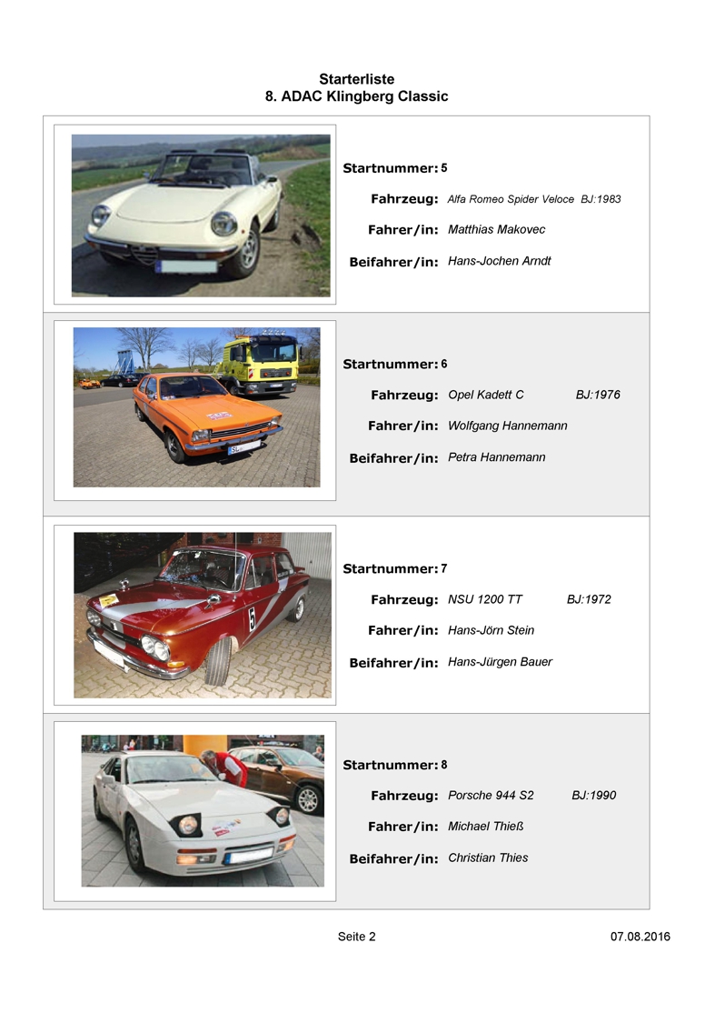 Starterliste 8. ADAC Klingberg Classic