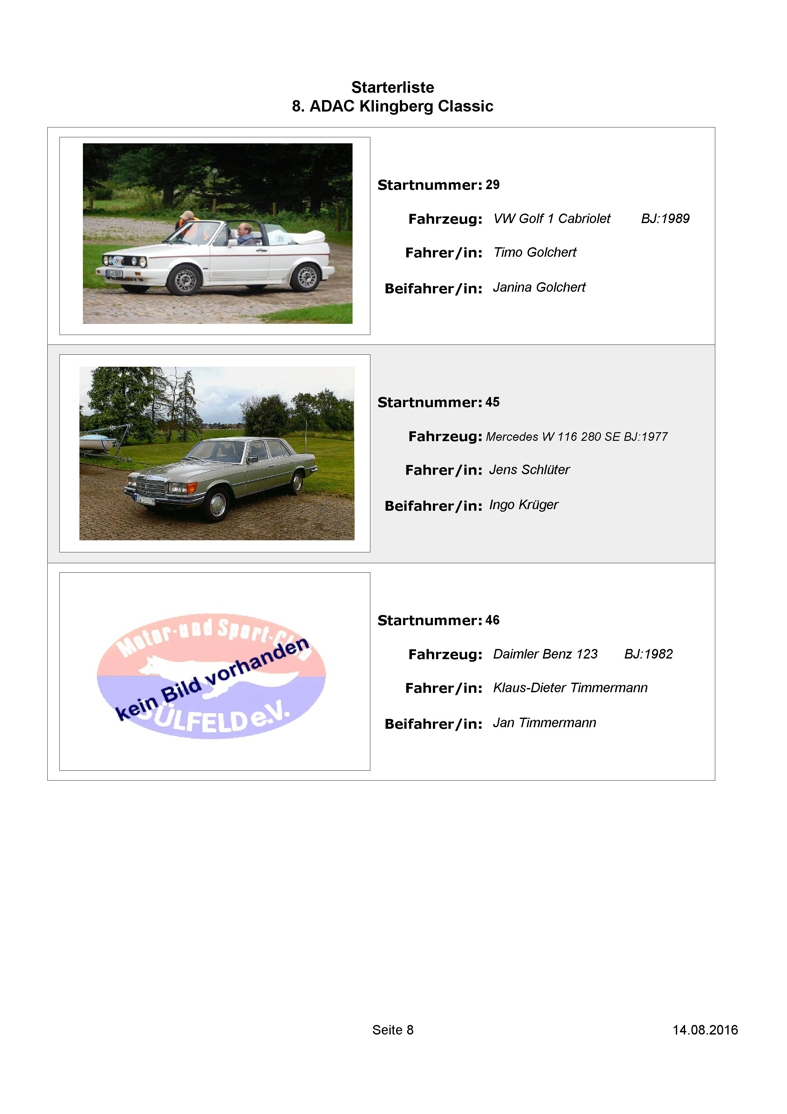 Starterliste 8. ADAC Klingberg Classic