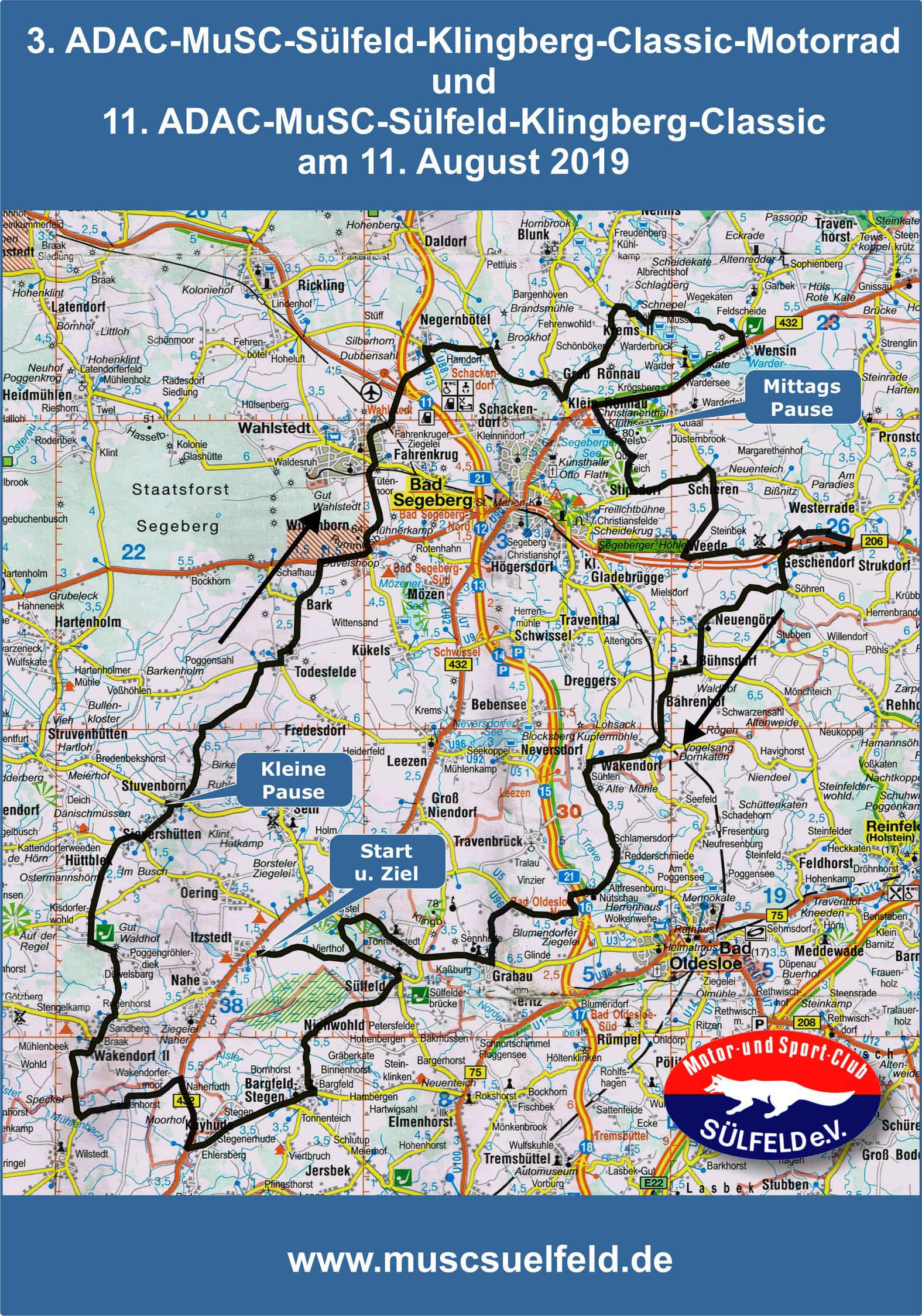 Streckenskizze zu unserer 3. ADAC-MuSC-Sülfeld-Klingberg-Classic-Motorrad und zu unsere 11. ADAC-MuSC-Sülfeld-Klingberg-Classic am 11.08.2019.   